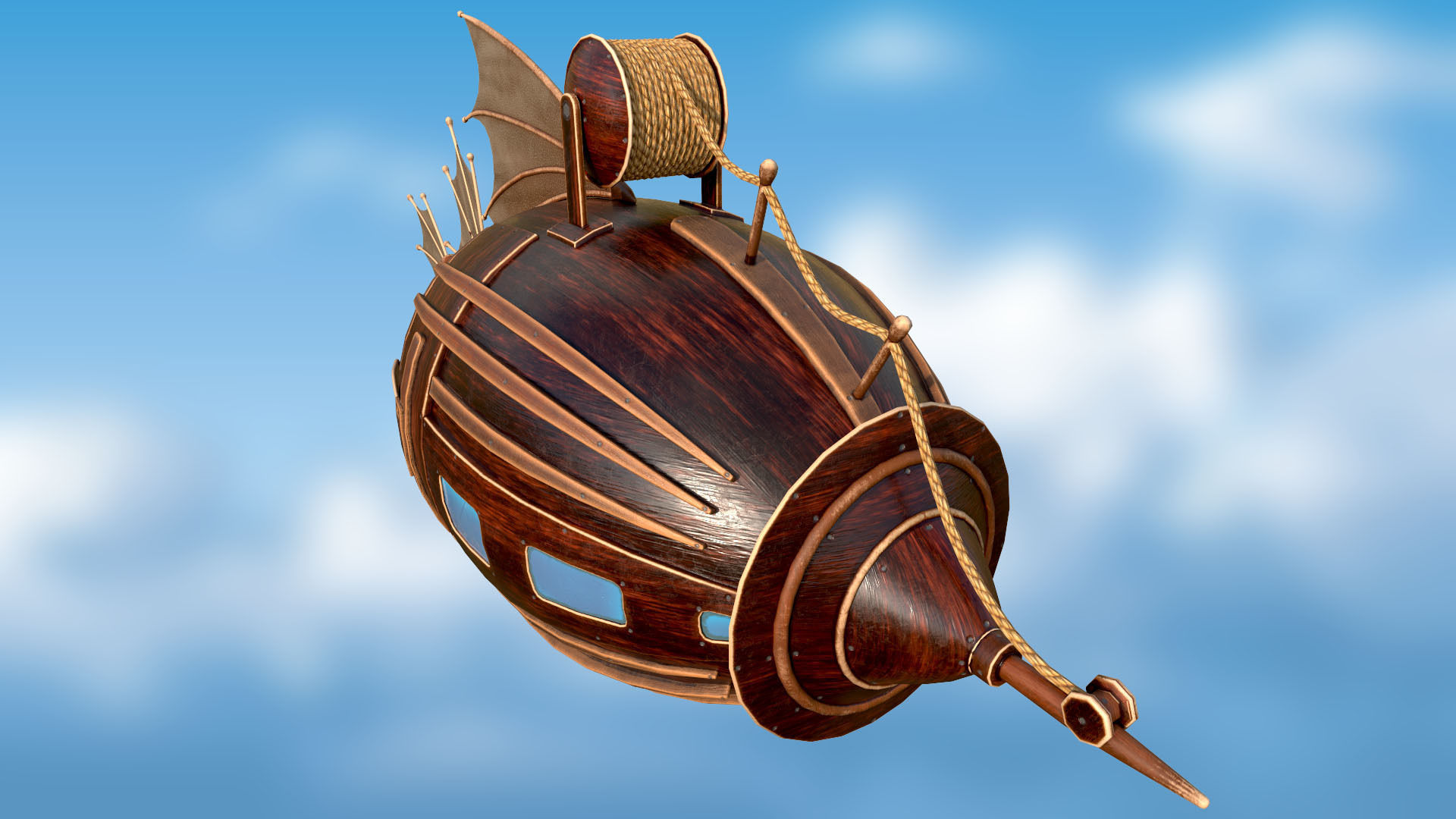 Airship PBR game ready steampunk ship flying in sky Low-poly 3D model_4