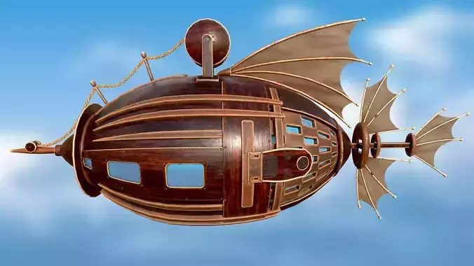 Airship PBR game ready steampunk ship flying in sky Low-poly 3D model