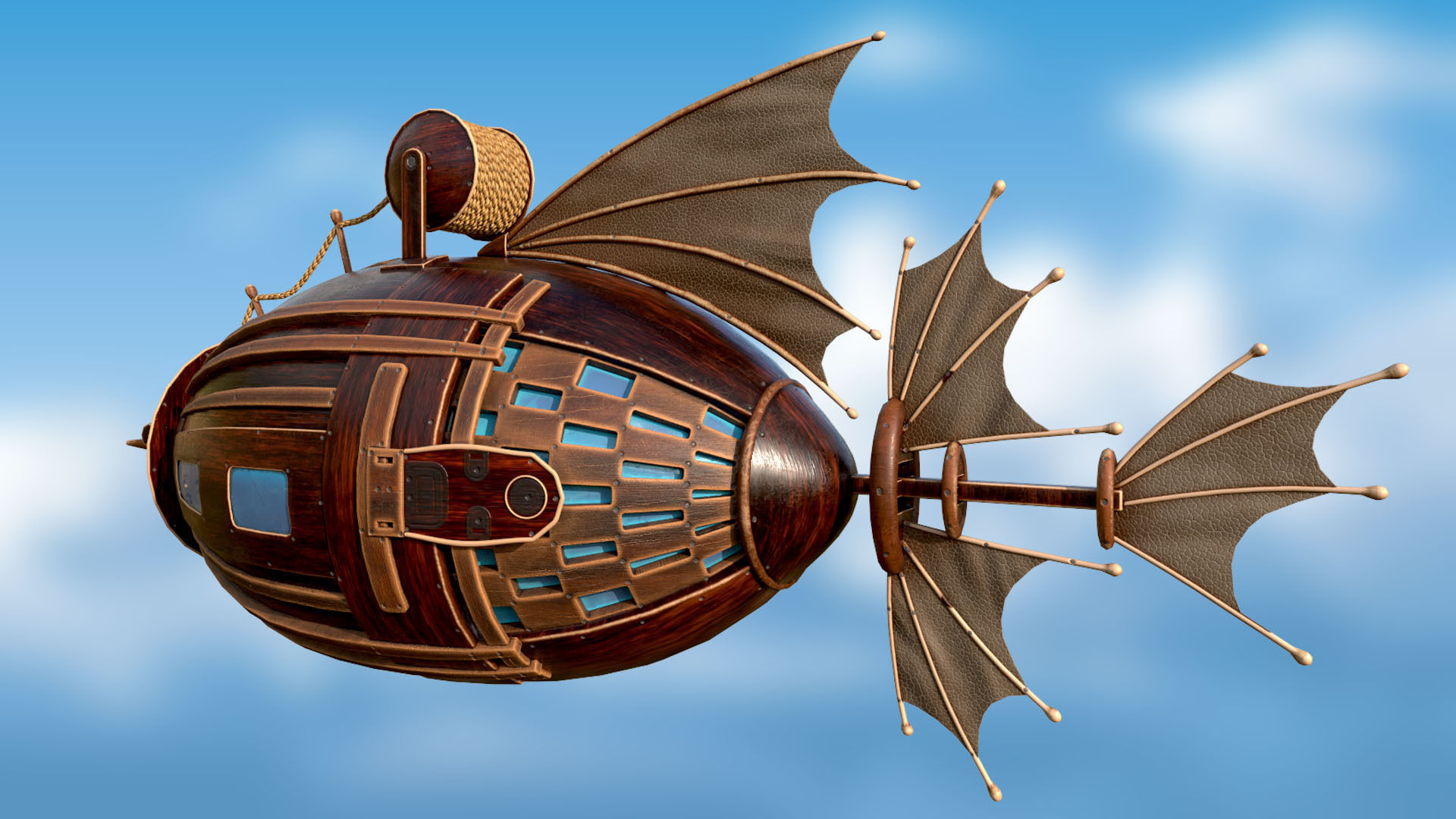Airship PBR game ready steampunk ship flying in sky Low-poly 3D model_3