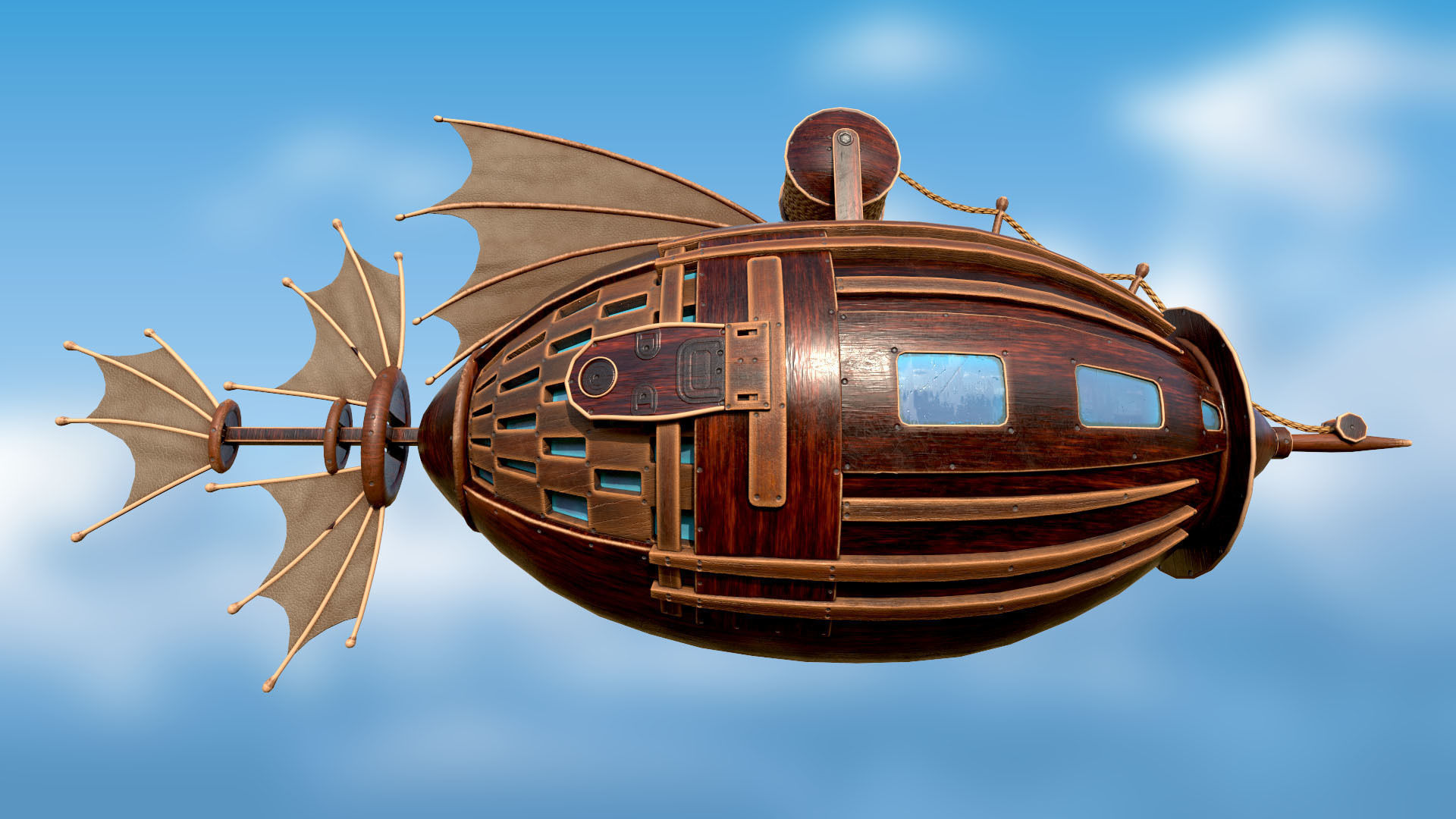Airship PBR game ready steampunk ship flying in sky Low-poly 3D model_1