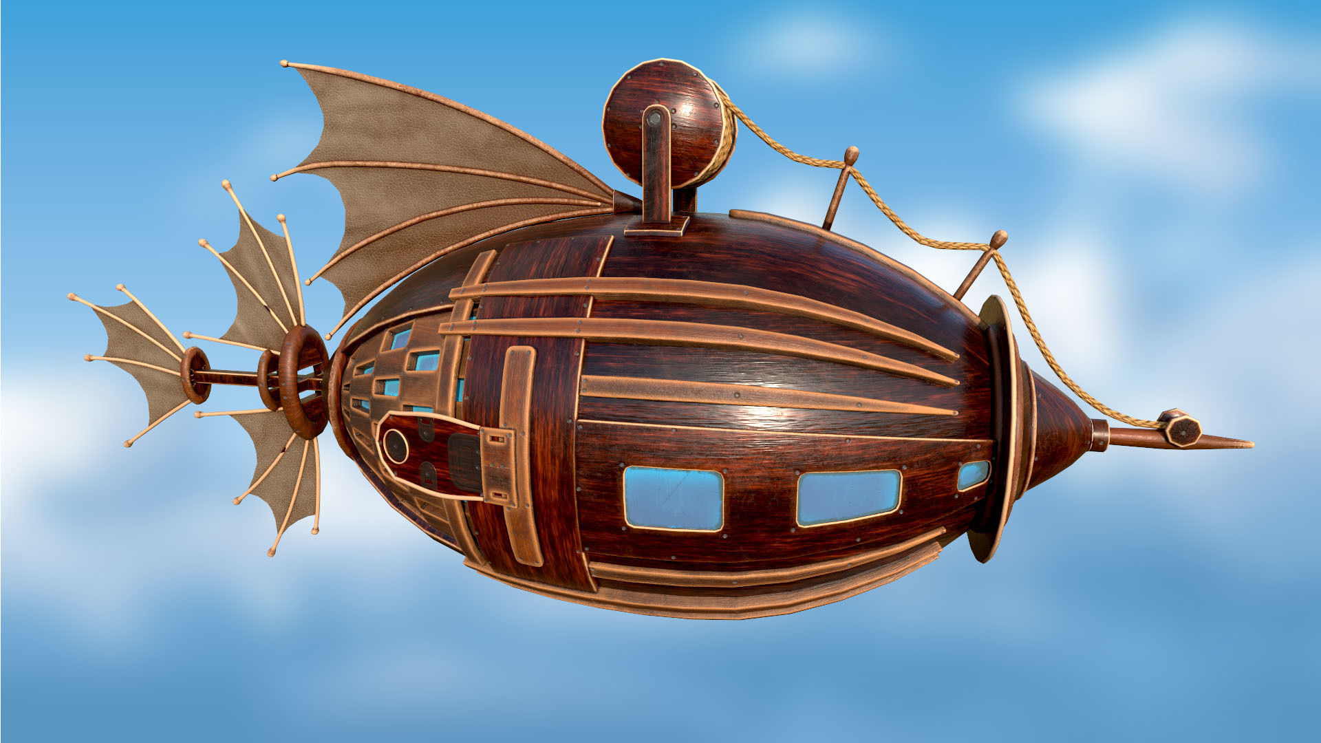 Airship PBR game ready steampunk ship flying in sky Low-poly 3D model_5