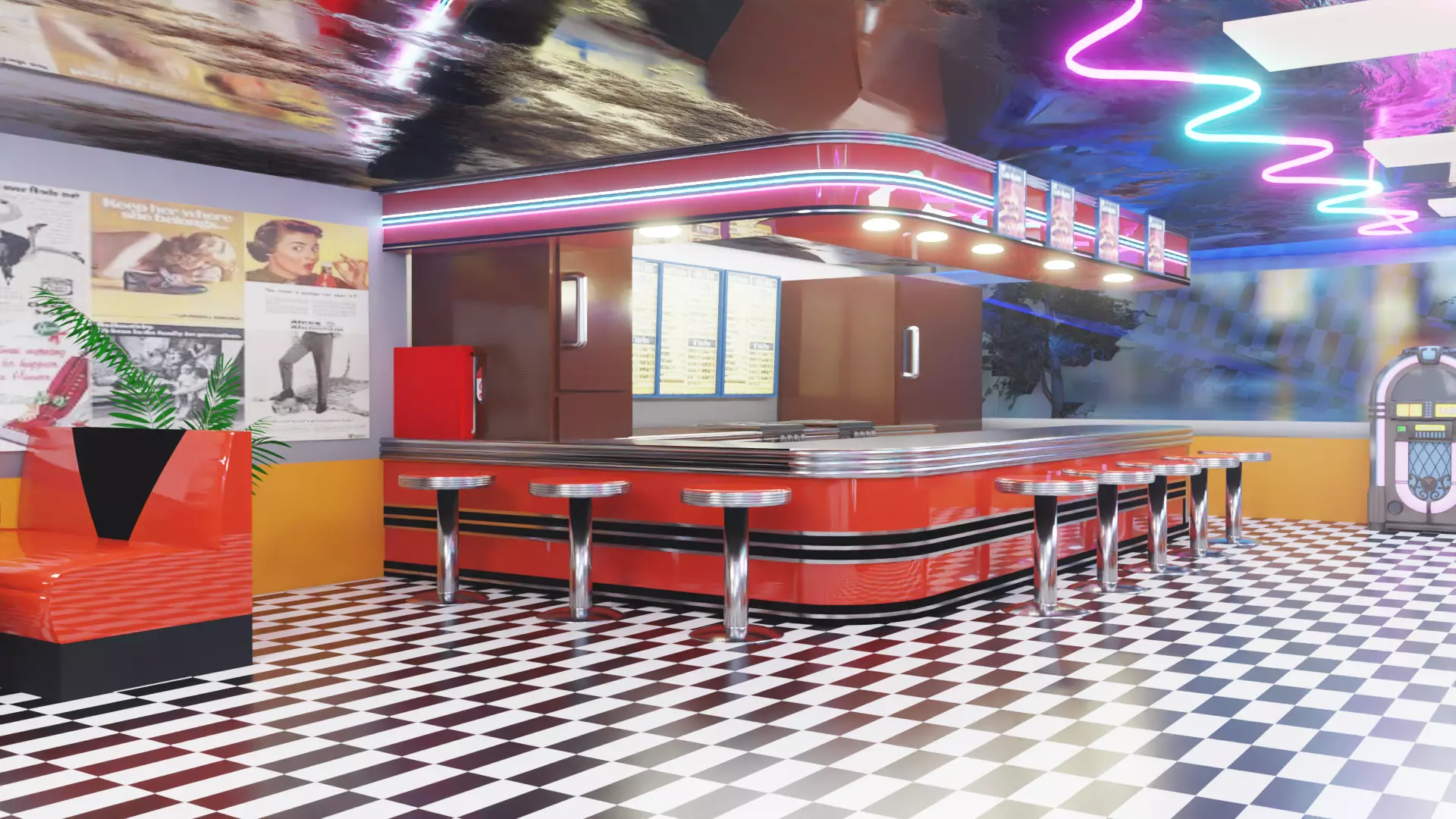 Retro Cafe Scene 3D model_0