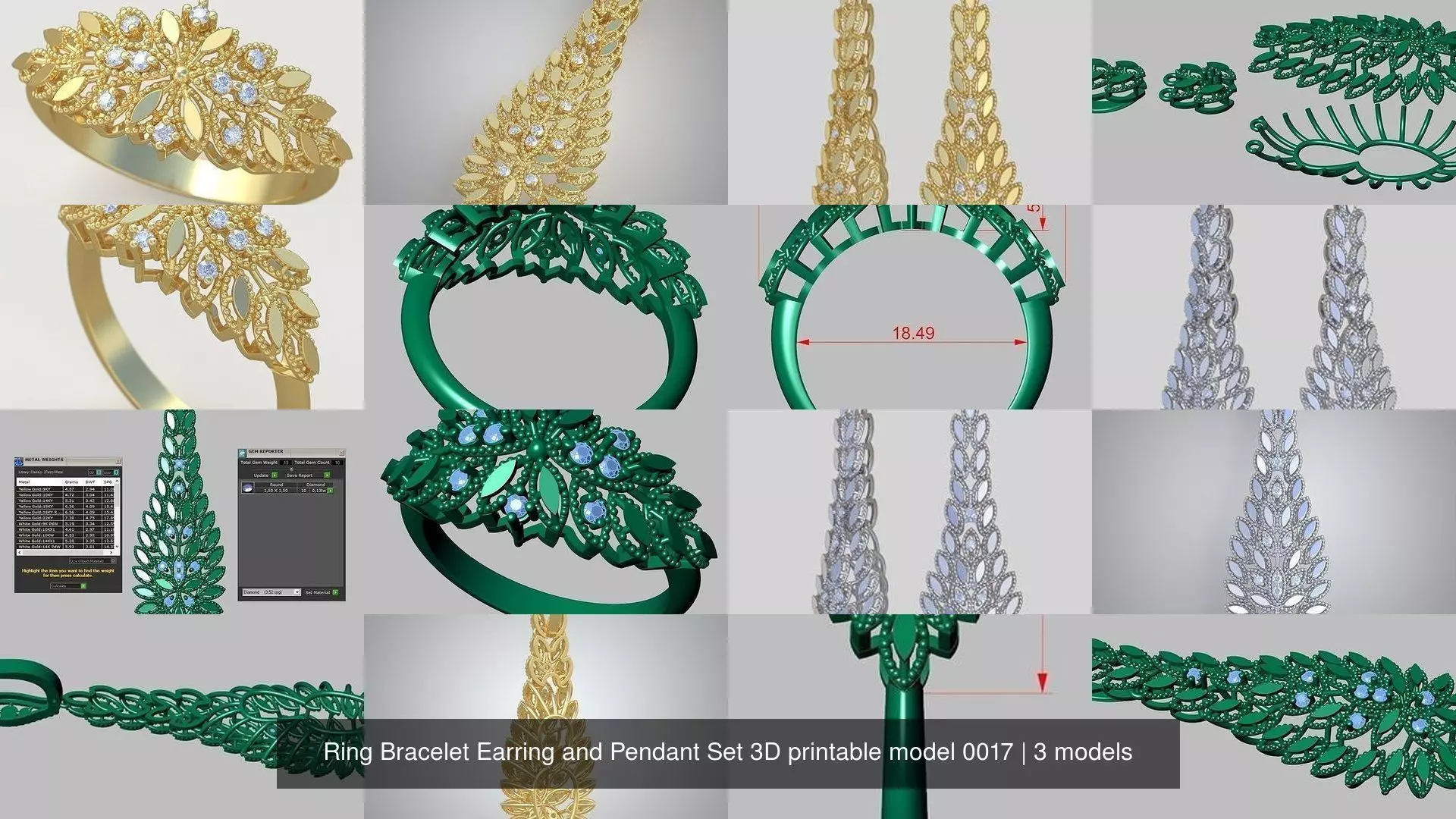 Ring Bracelet Earring and Pendant Set 3D printable model 0017 3D Model Collection_1