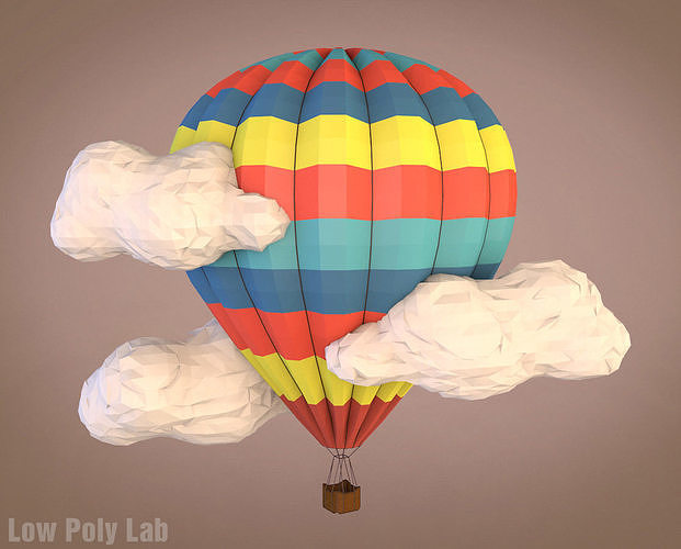 Low poly balloon hot air with clouds in sky 3D model