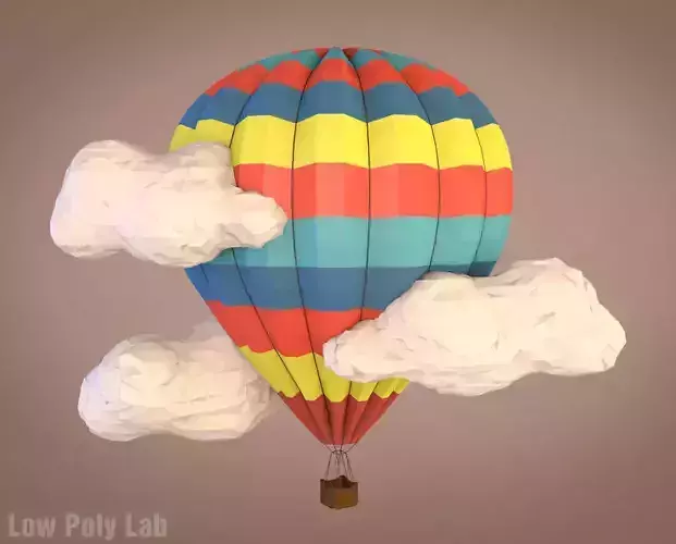 Low poly balloon hot air with clouds in sky