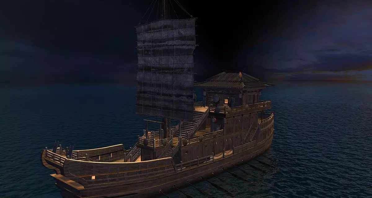 Ancient Chinese warships and sailboats at sunset 3D model_0