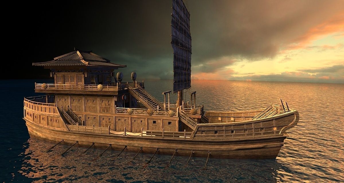 Ancient Chinese warships and sailboats at sunset 3D model_5