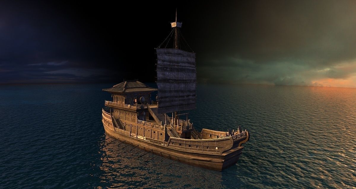 Ancient Chinese warships and sailboats at sunset 3D model_1