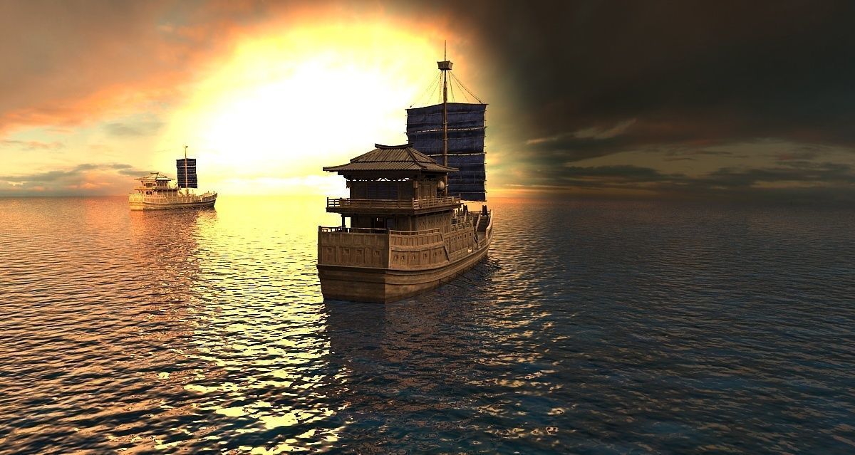 Ancient Chinese warships and sailboats at sunset 3D model_3