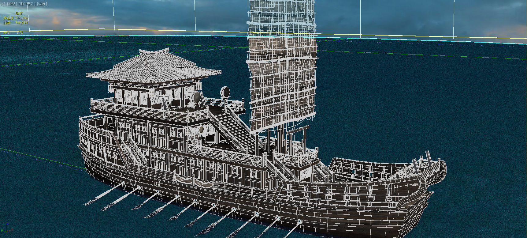 Ancient Chinese warships and sailboats at sunset 3D model_4