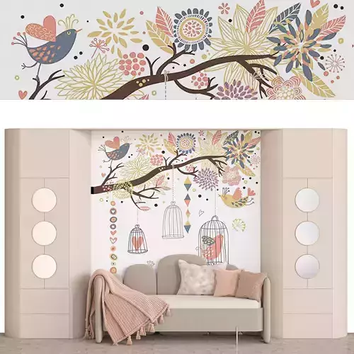 wardrobe living room with birds and flowers on wall