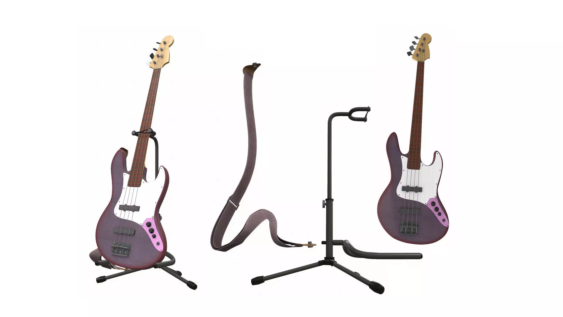 Electric bass guitar with strap and stand 1 3D model_0