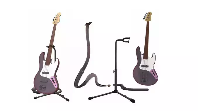 Electric bass guitar with strap and stand 1