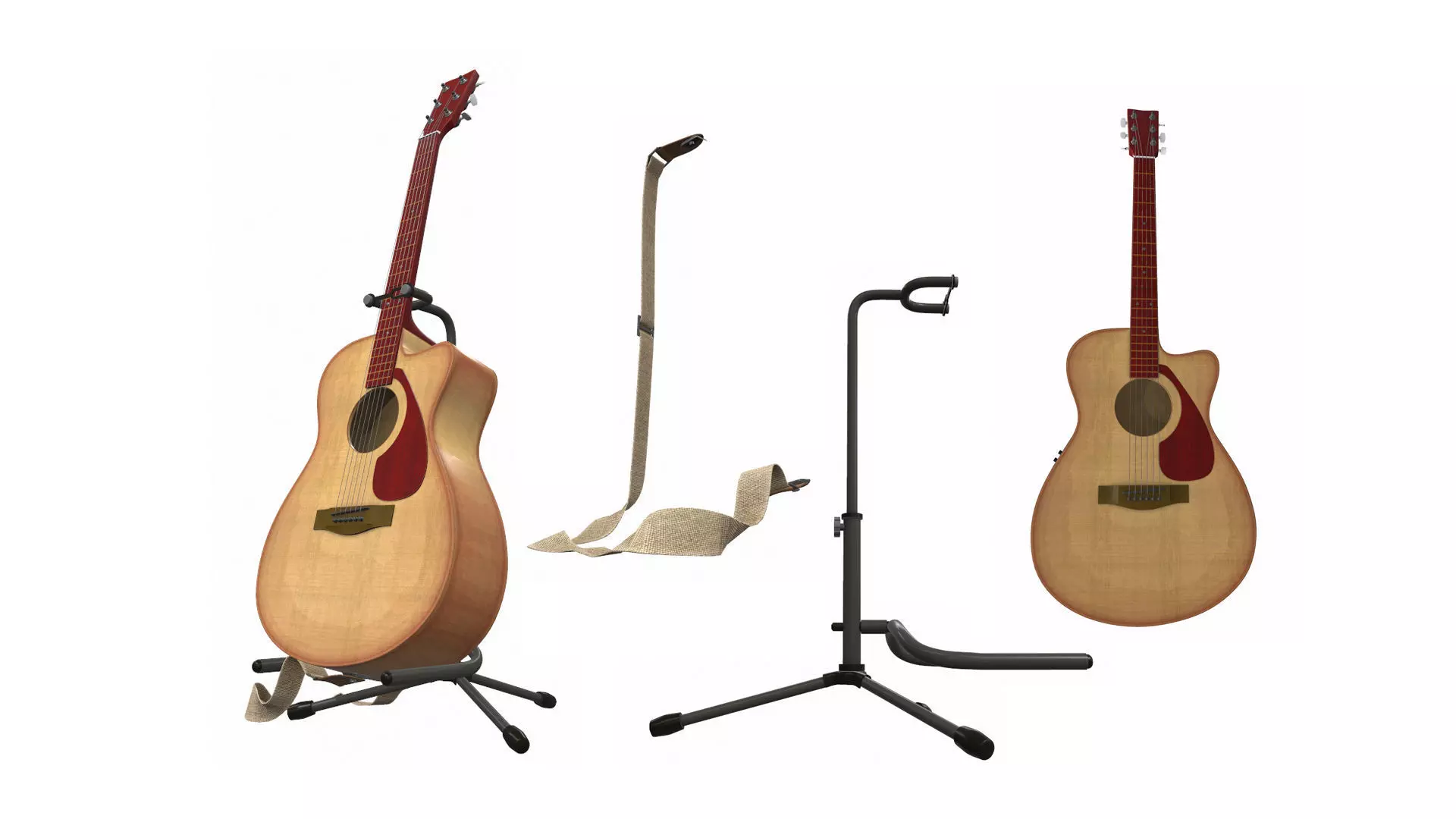 Acoustic bass guitar with strap and stand 3D model_0