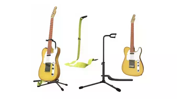 Electric bass guitar with strap and stand 3