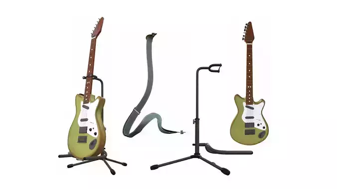 Electric bass guitar with strap and stand 2