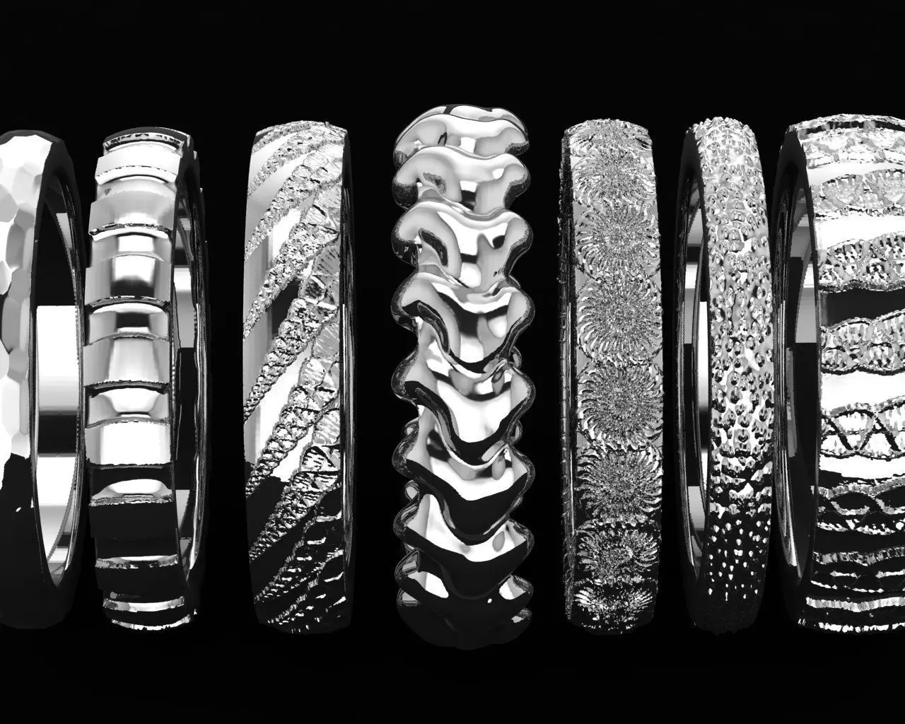 Set of 7 simple textured rings 3D print model_0