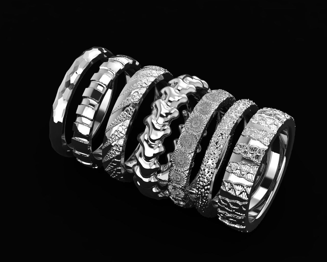 Set of 7 simple textured rings 3D print model_1