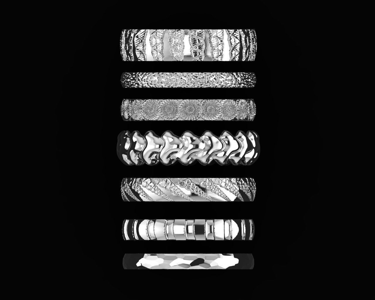 Set of 7 simple textured rings 3D print model_2