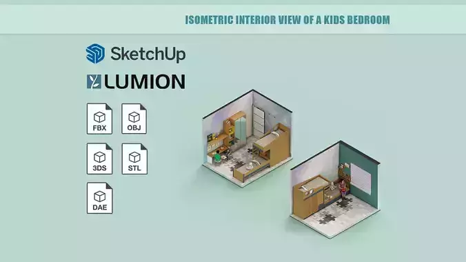 Isometric interior view of a kids bedroom