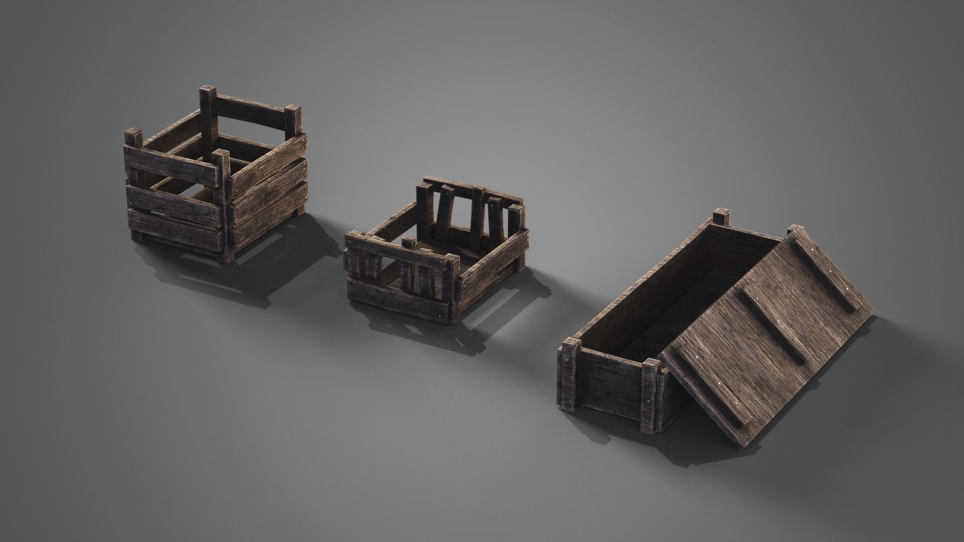 Medieval wooden boxes Low-poly 3D model_1