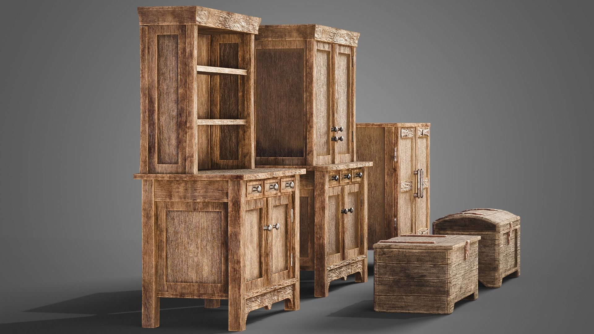 Medieval cabinets and chests Low-poly 3D model_5
