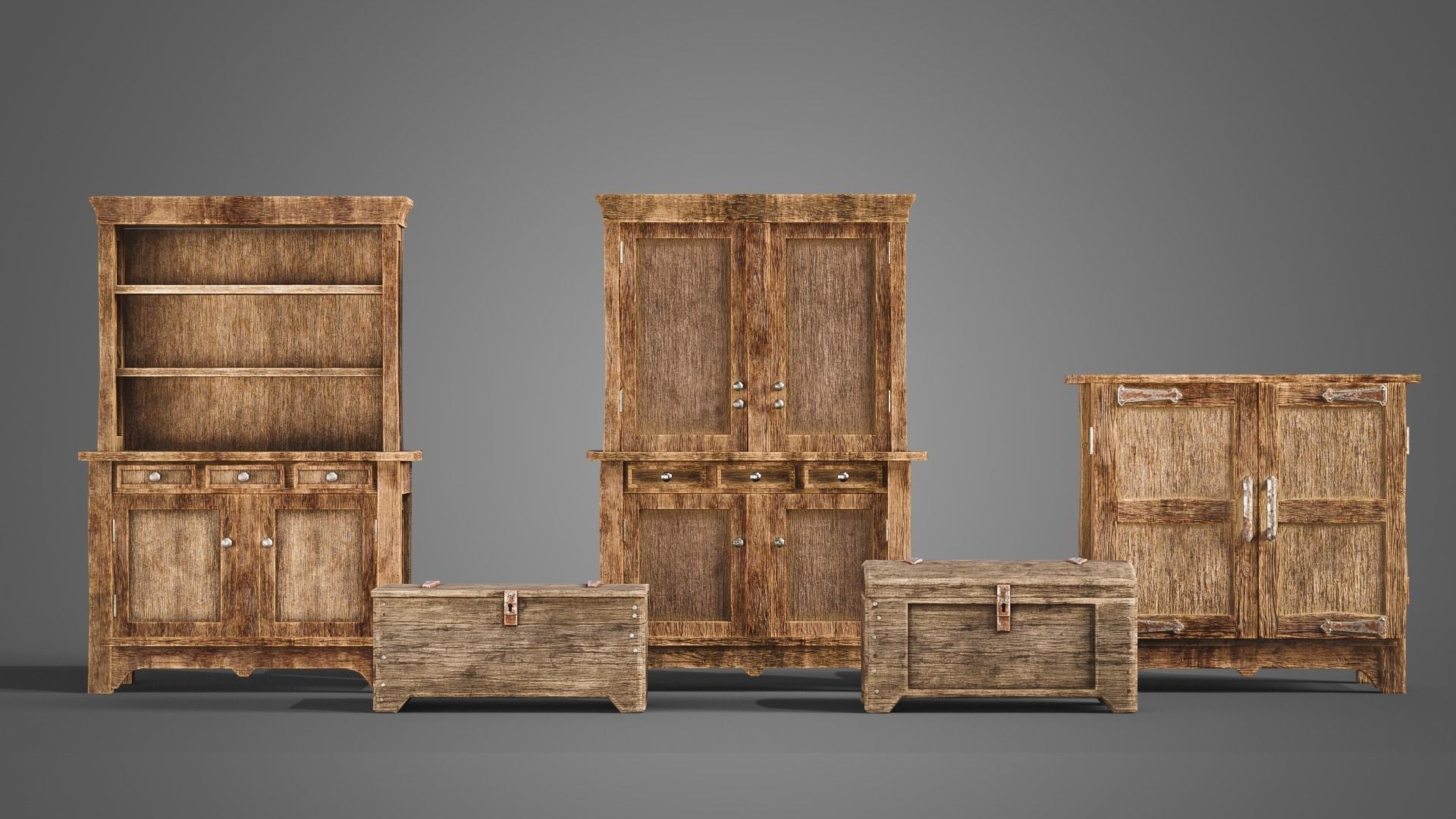 Medieval cabinets and chests Low-poly 3D model_1