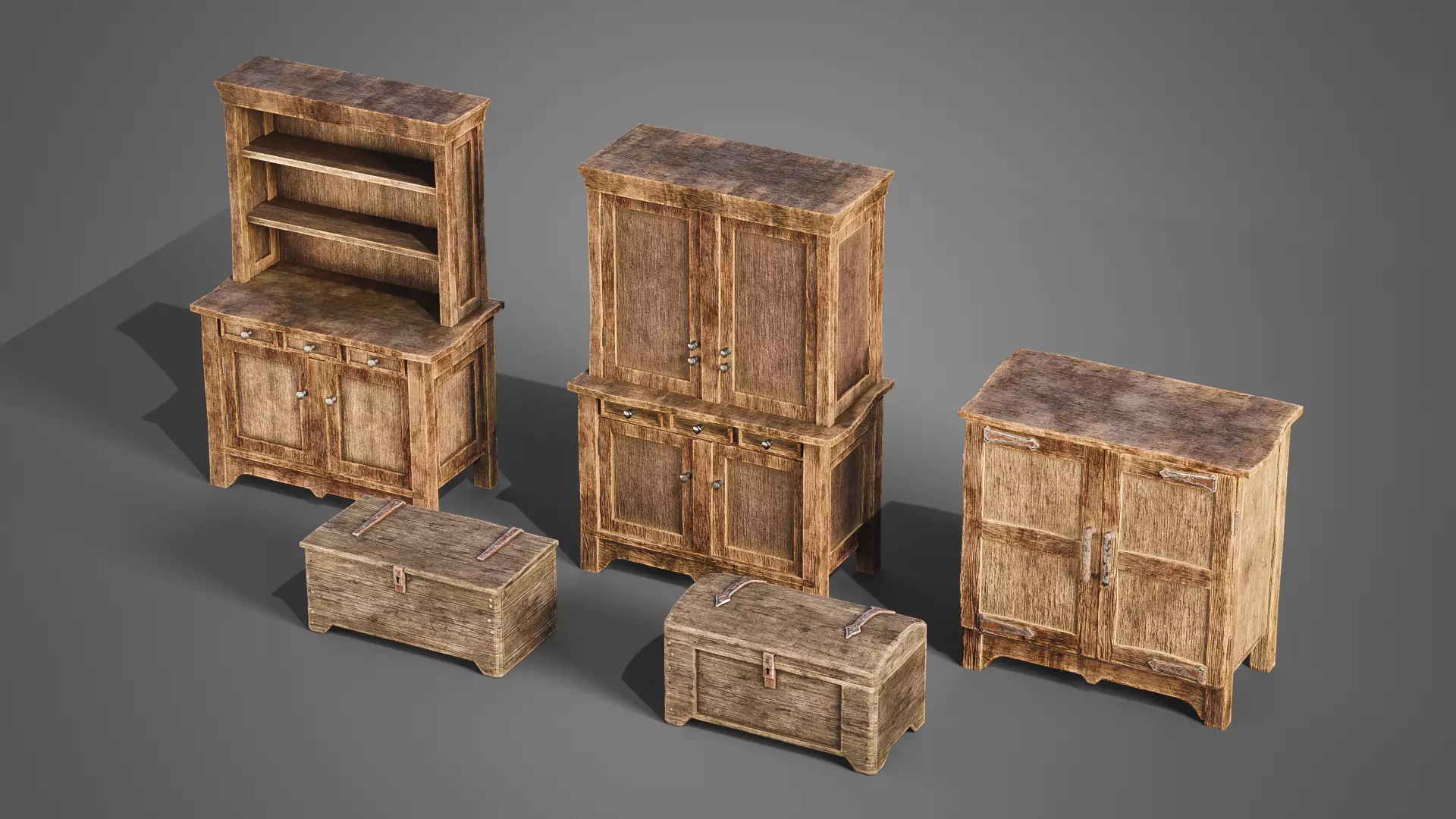 Medieval cabinets and chests Low-poly 3D model_0
