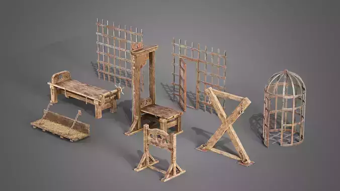 Medieval prison set Low-poly 3D model