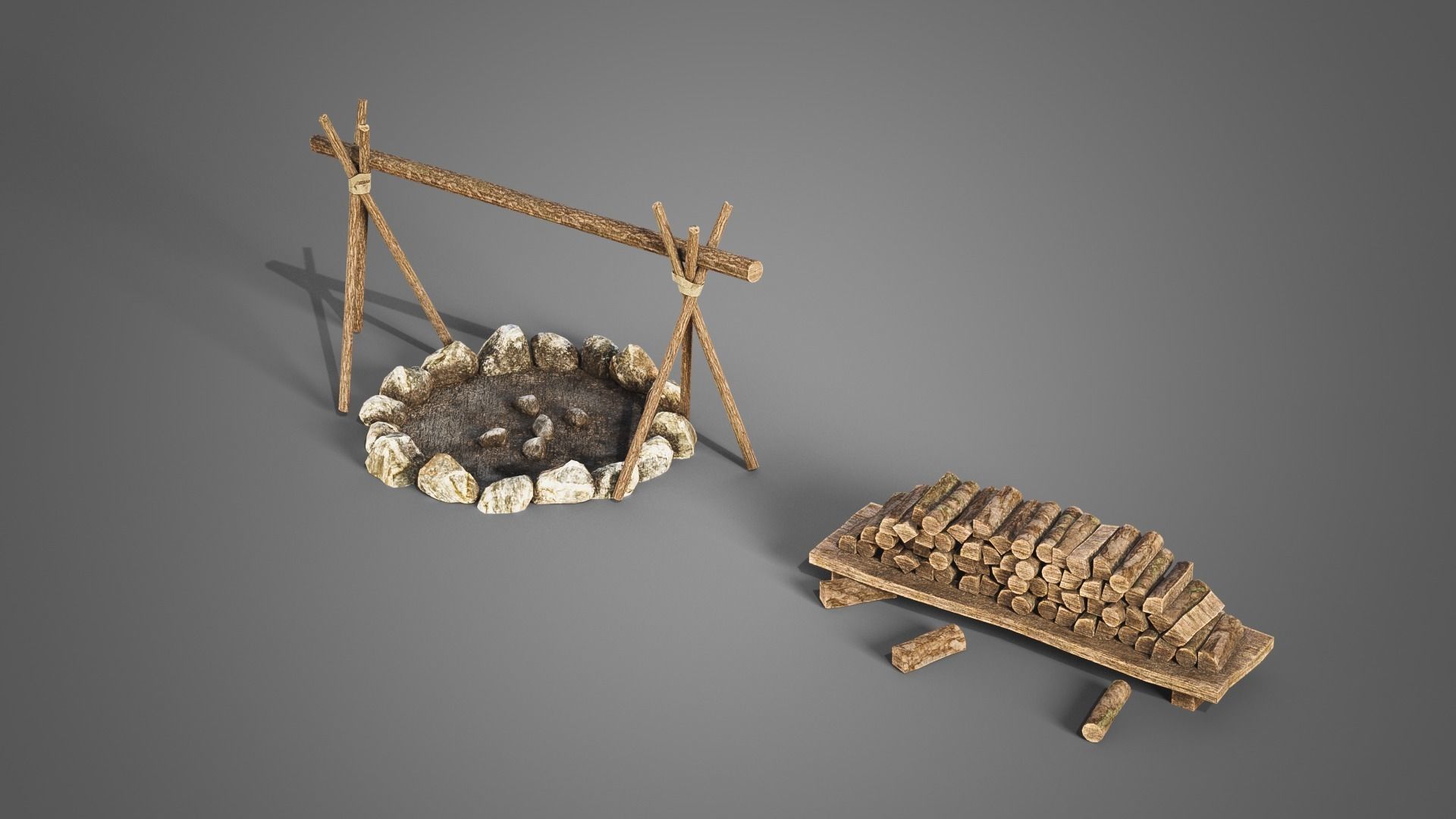 Fireplace set Low-poly 3D model_29