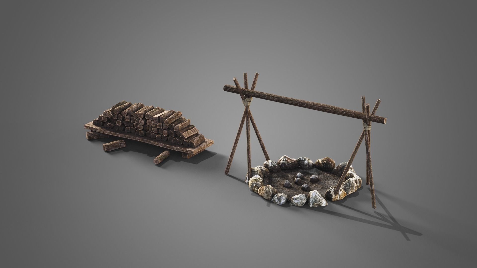 Fireplace set Low-poly 3D model_28