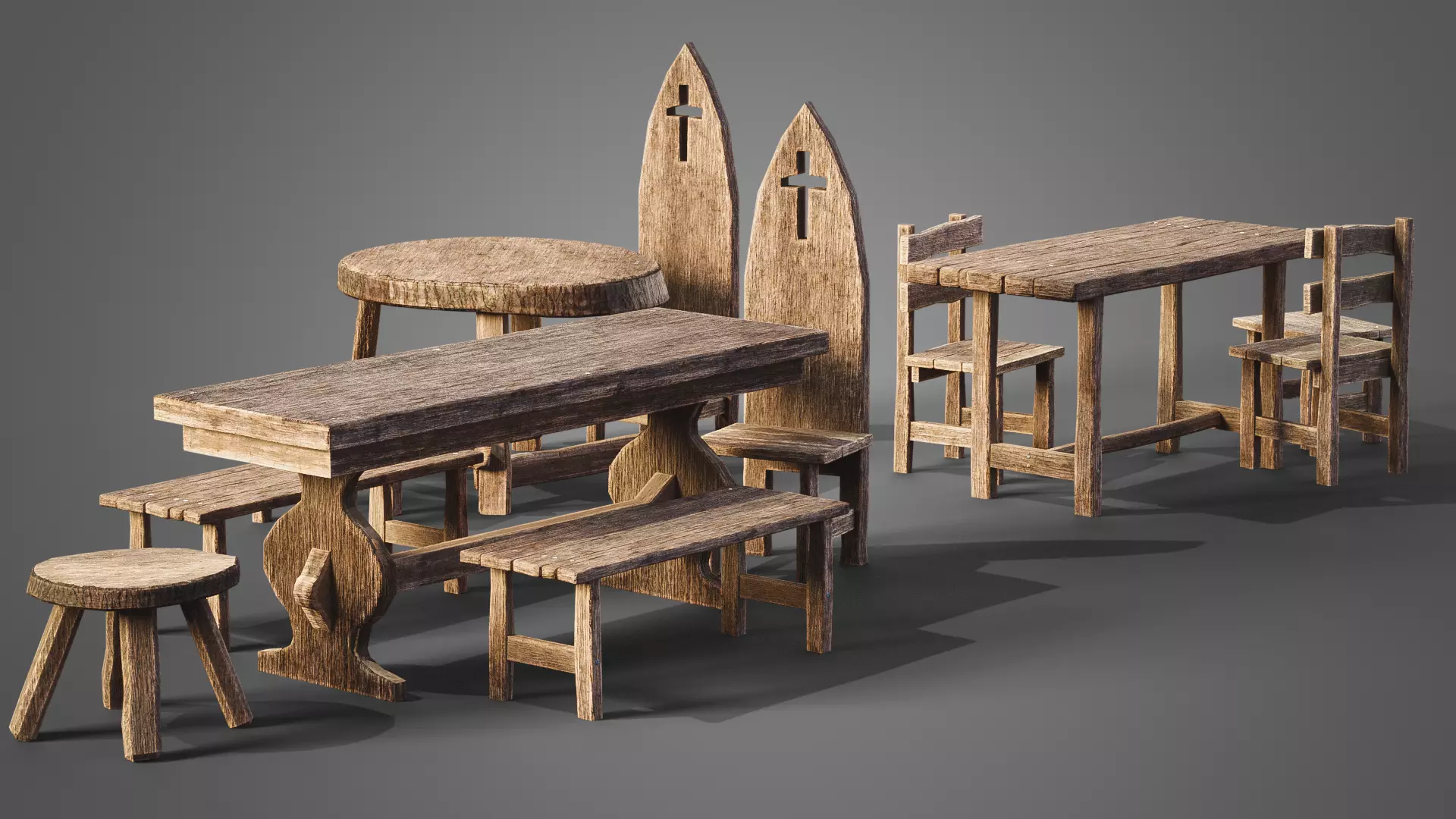 Chairs and tables set Low-poly 3D model_0