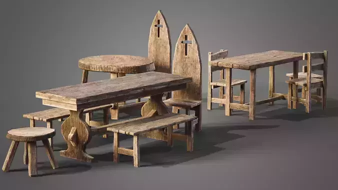 Chairs and tables set Low-poly 3D model