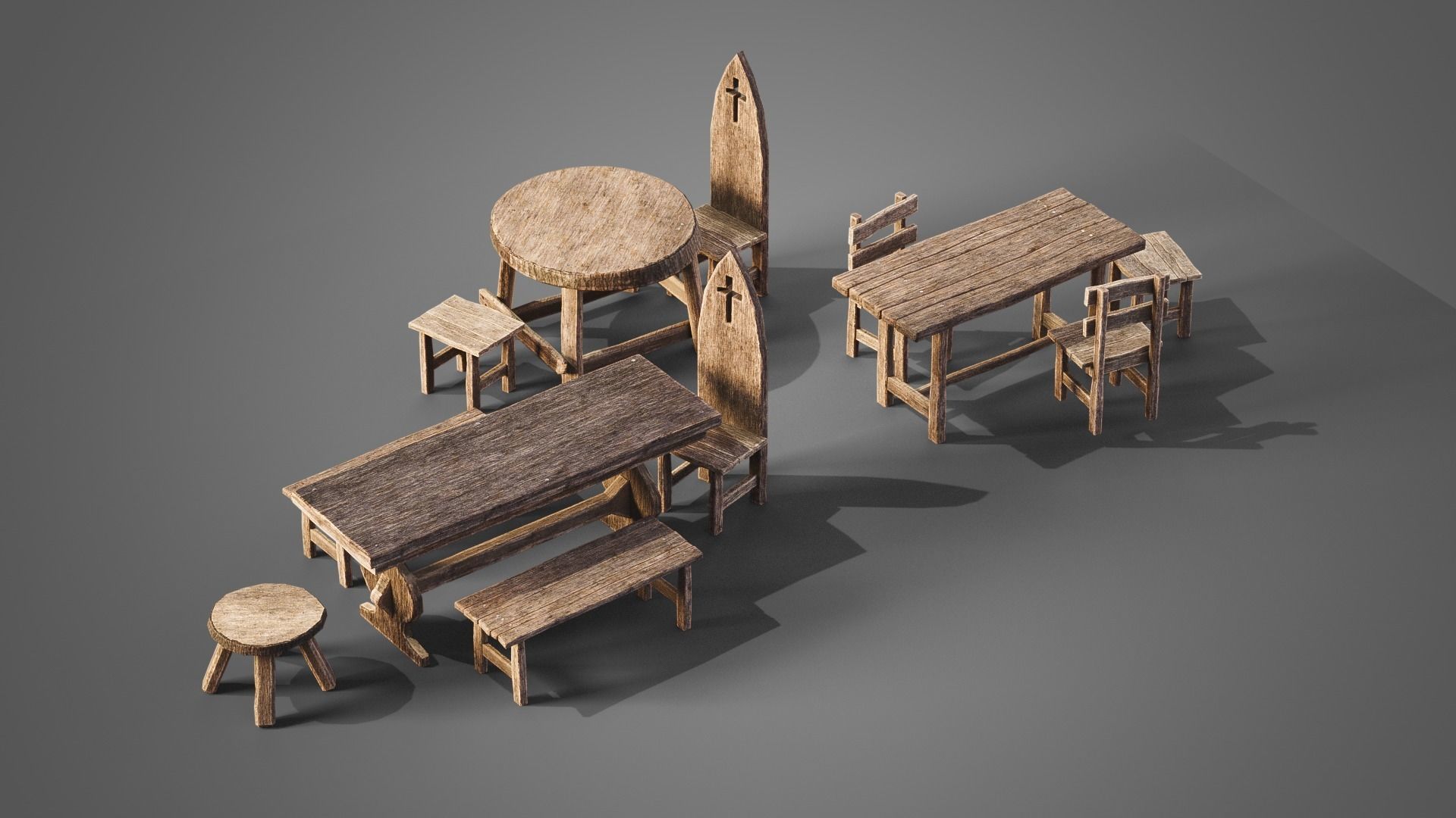 Chairs and tables set Low-poly 3D model_1