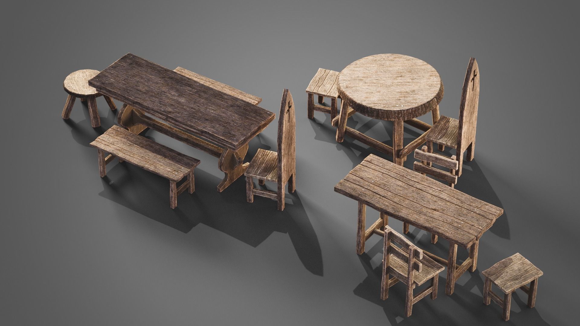 Chairs and tables set Low-poly 3D model_5