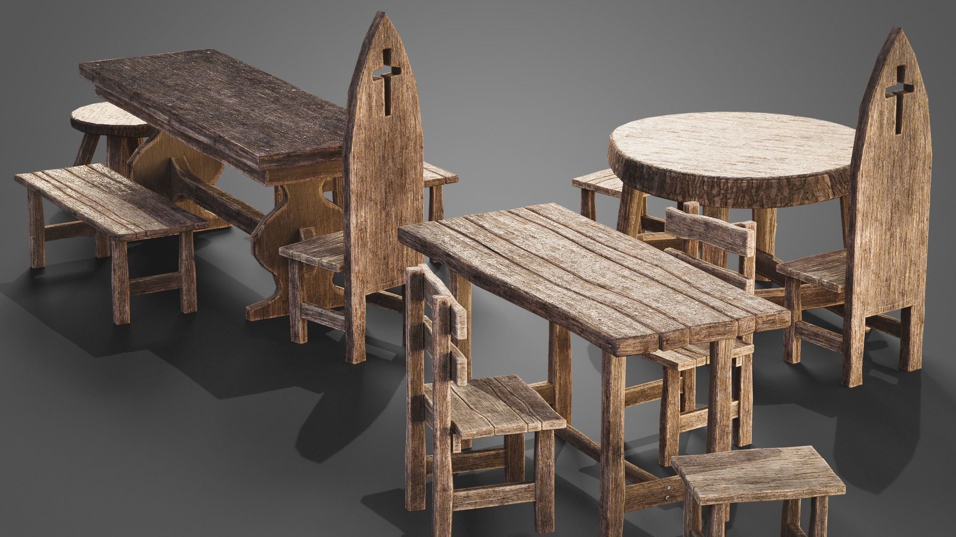 Chairs and tables set Low-poly 3D model_2