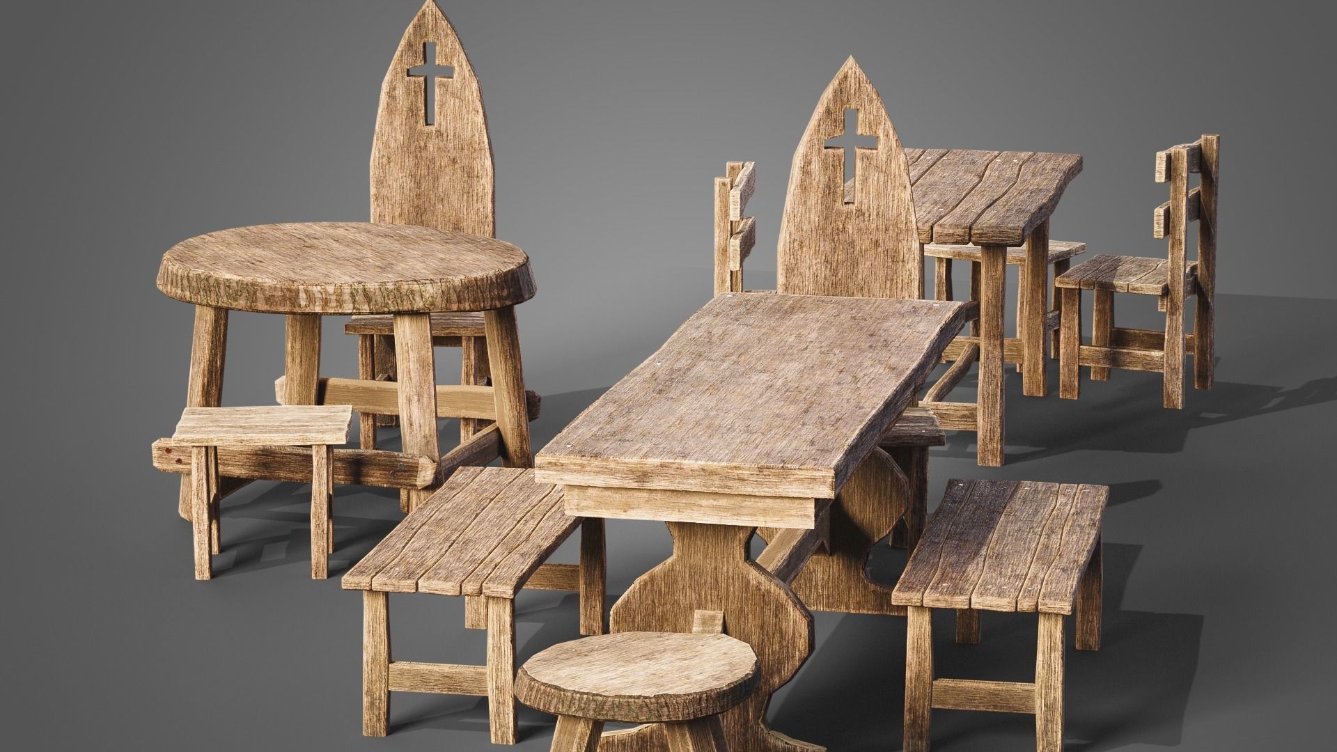 Chairs and tables set Low-poly 3D model_4