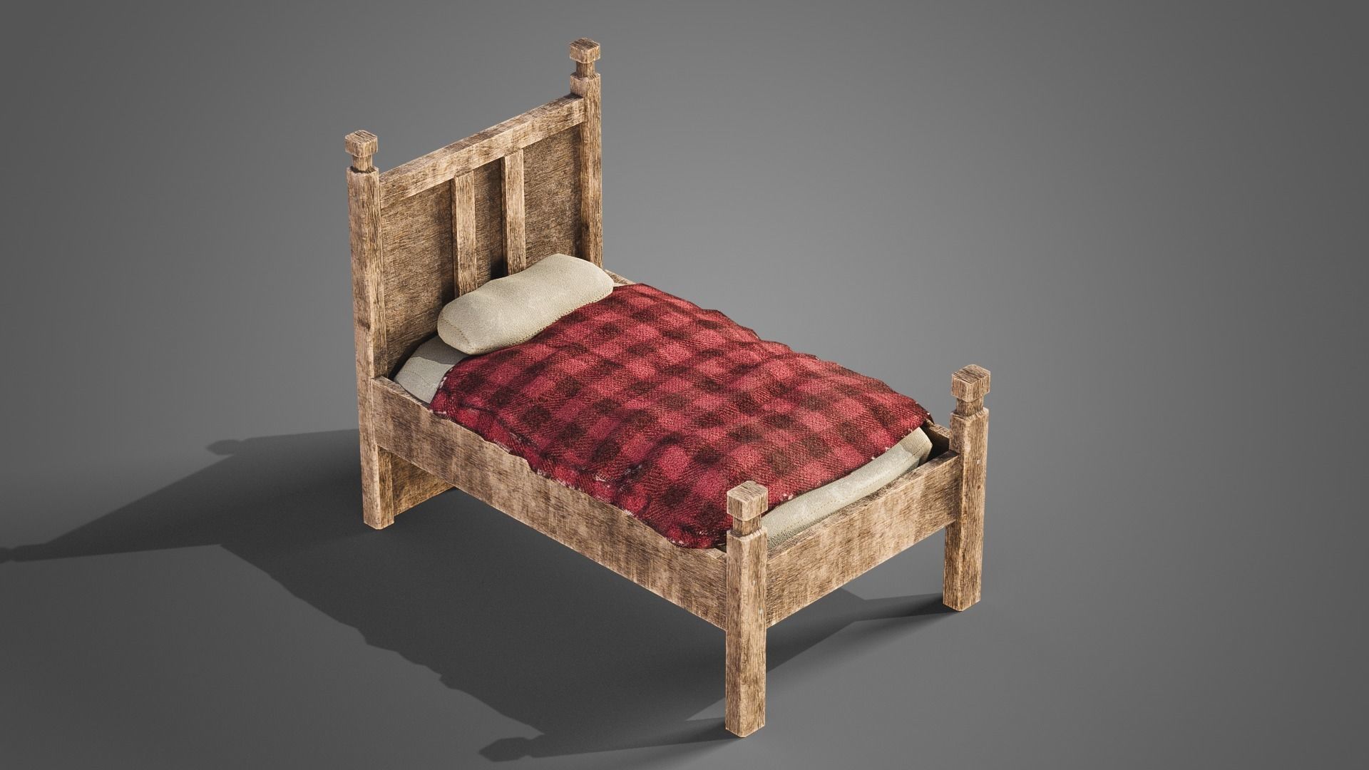 Tavern set wooden bed with plaid blanket Low-poly 3D model_23