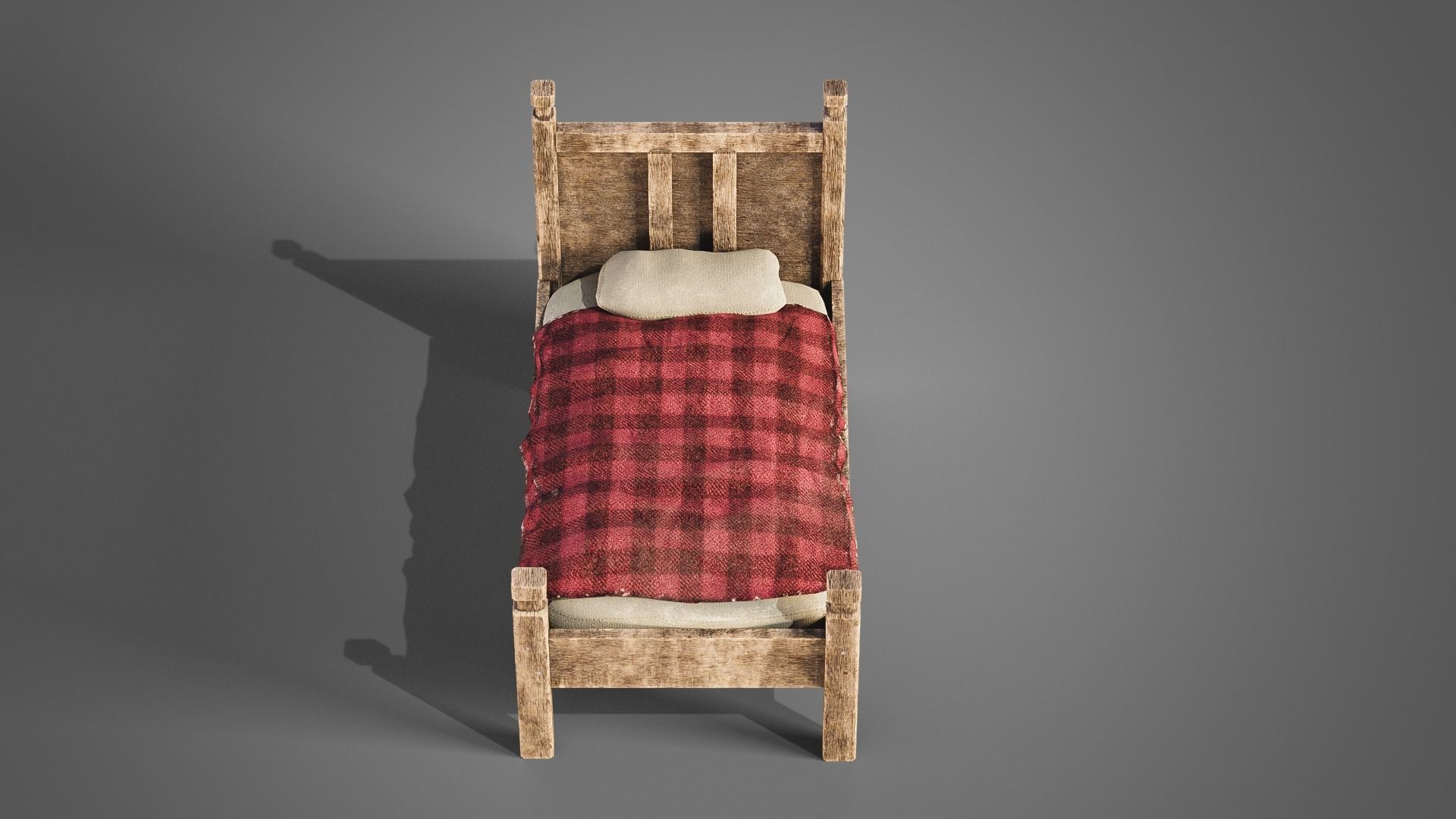Tavern set wooden bed with plaid blanket Low-poly 3D model_26
