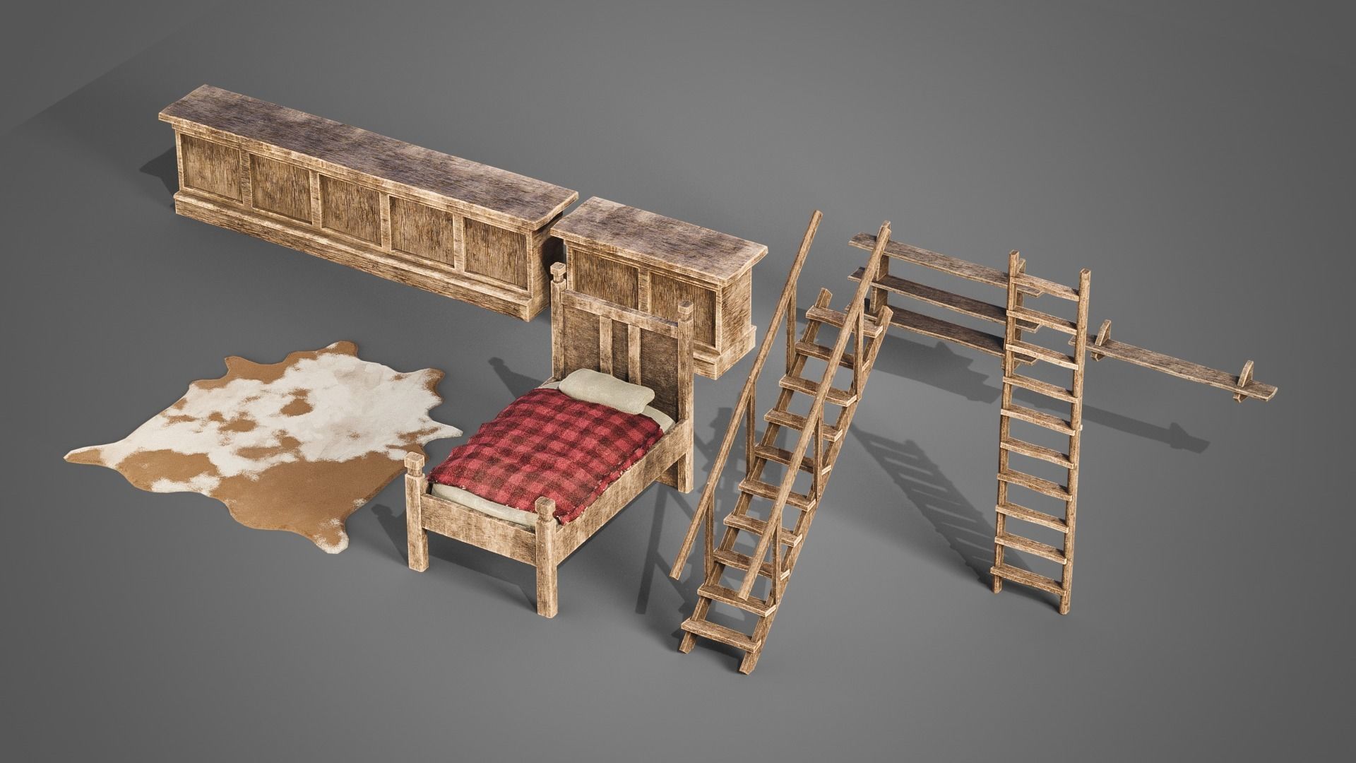 Tavern set wooden bed with plaid blanket Low-poly 3D model_2