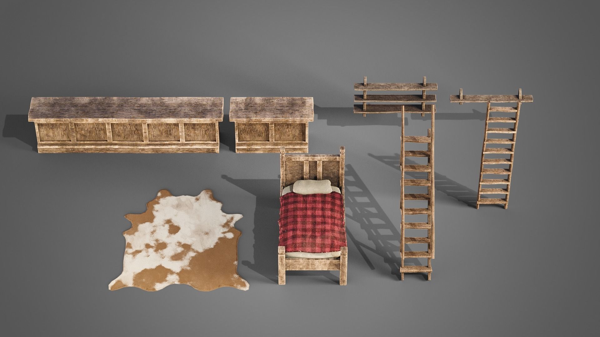 Tavern set wooden bed with plaid blanket Low-poly 3D model_4