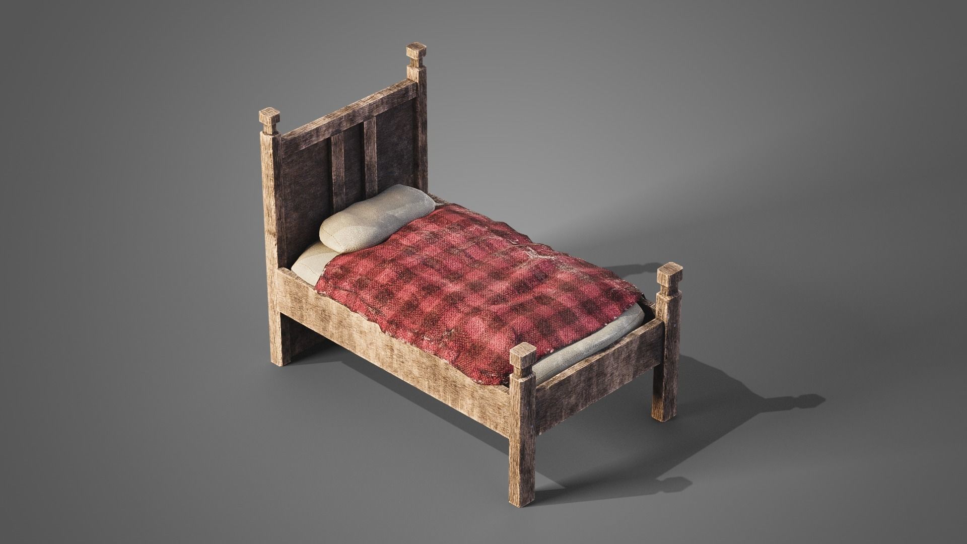 Tavern set wooden bed with plaid blanket Low-poly 3D model_21