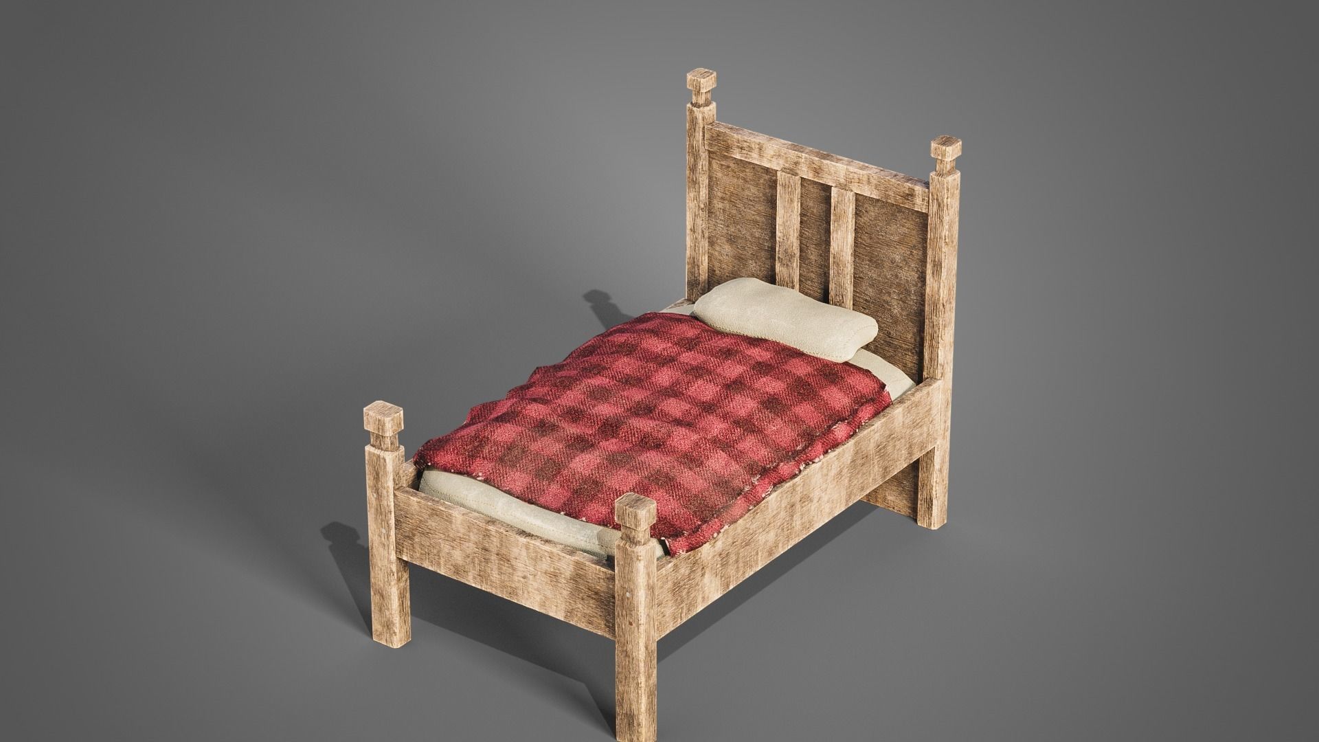 Tavern set wooden bed with plaid blanket Low-poly 3D model_11