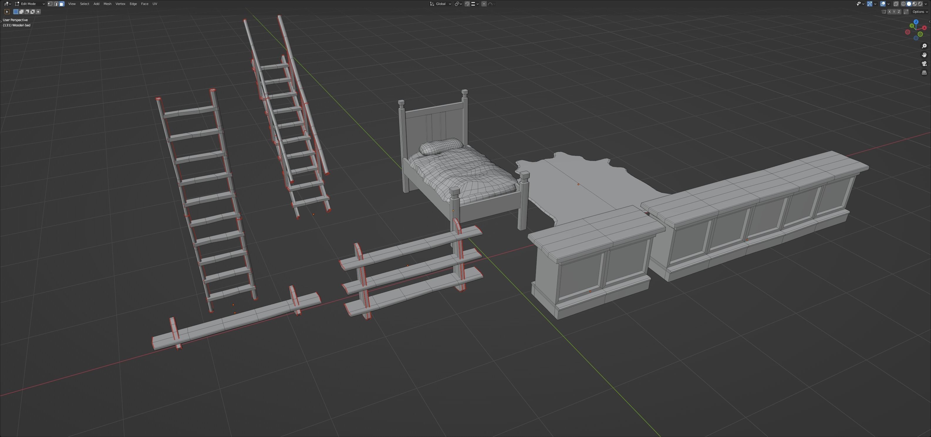 Tavern set wooden bed with plaid blanket Low-poly 3D model_30