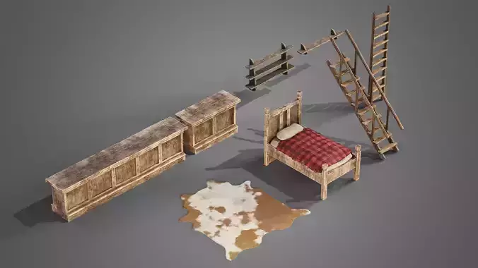 Tavern set wooden bed with plaid blanket Low-poly 3D model