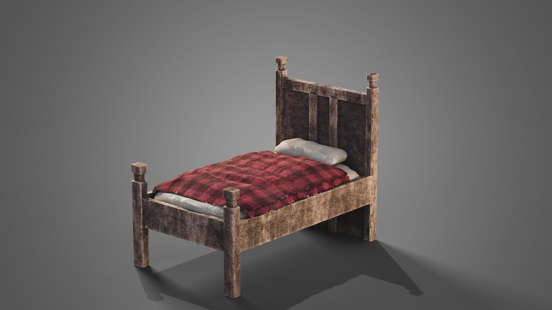 Tavern set wooden bed with plaid blanket Low-poly 3D model_27