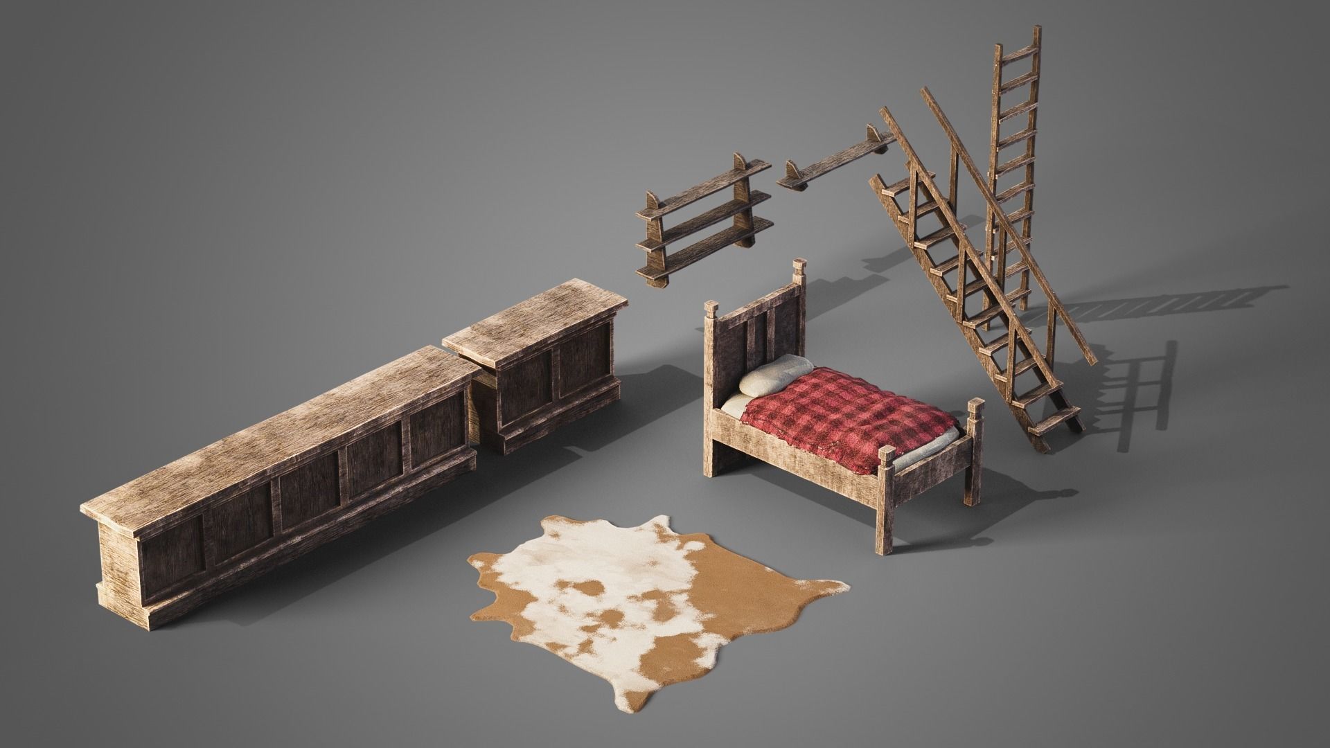 Tavern set wooden bed with plaid blanket Low-poly 3D model_1