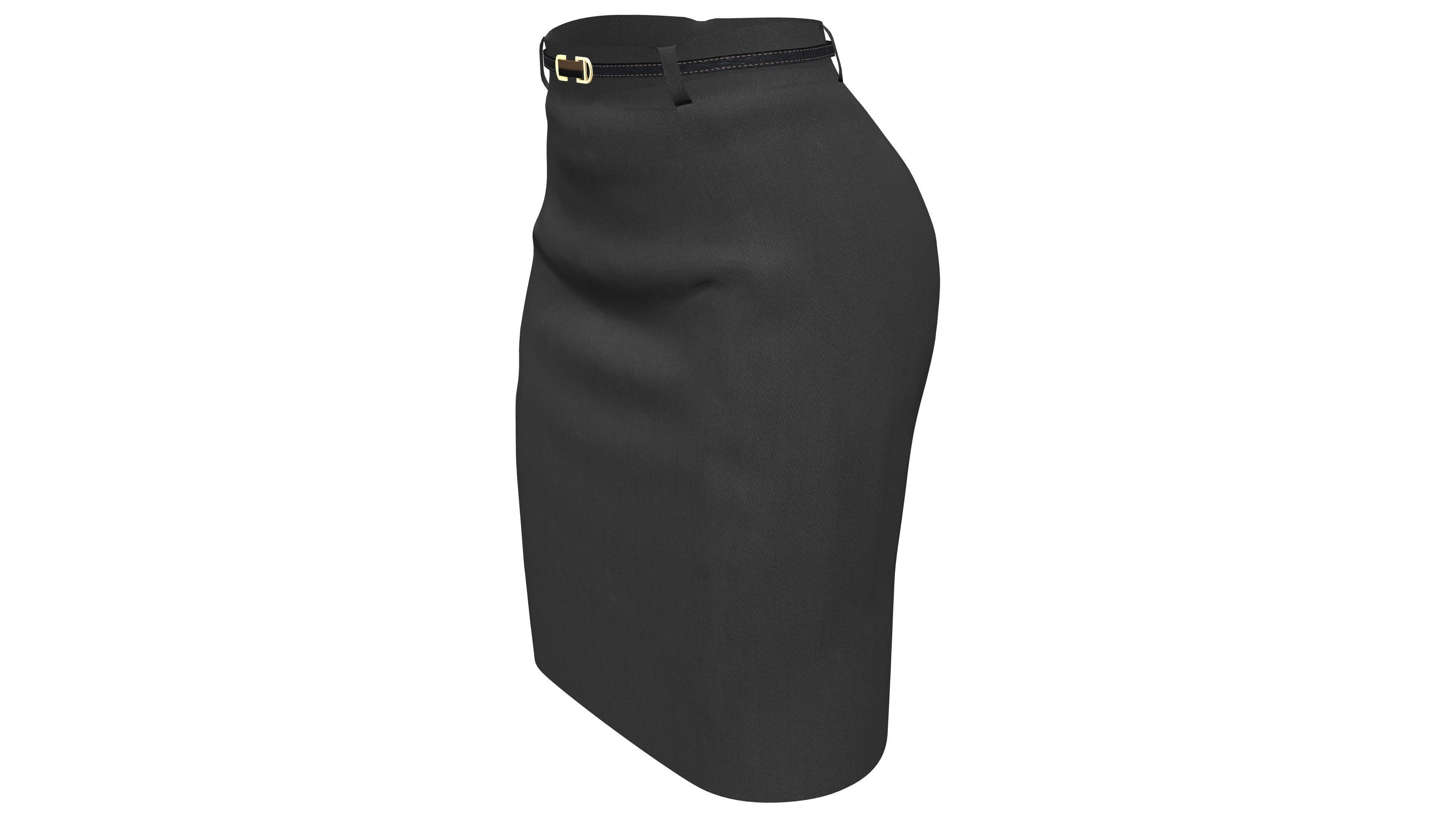 Female Black Formal Short Pencil Skirt With Belt Low-poly 3D model_3