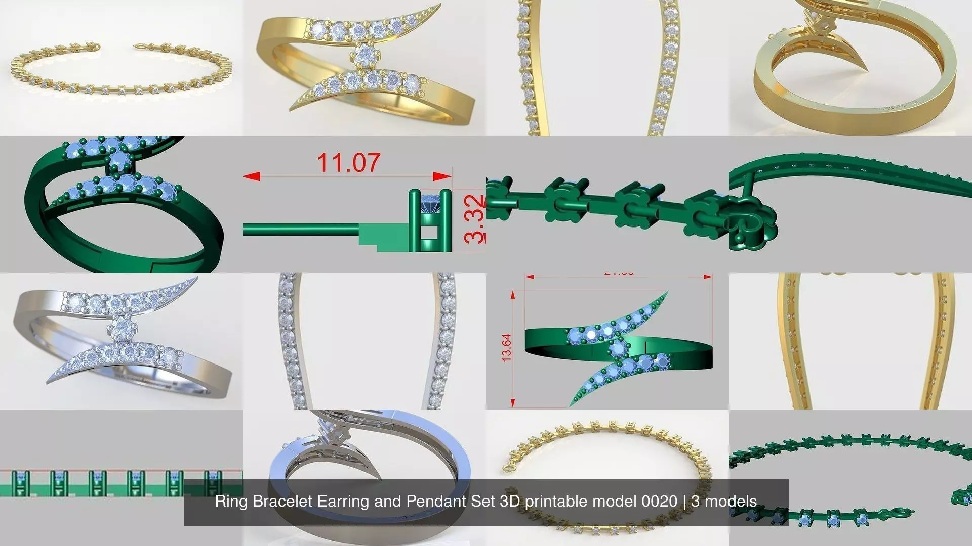 Ring Bracelet Earring and Pendant Set 3D printable model 0020 3D Model Collection_1