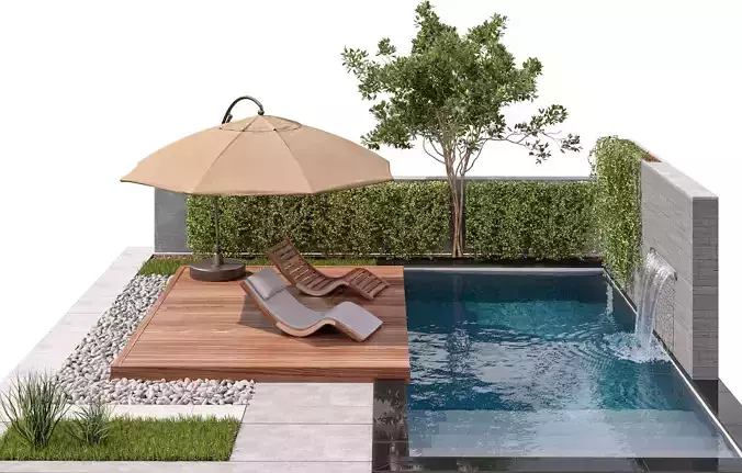 Backyard with Pool  plants  Furniture 3D model